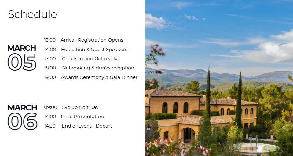 Schedule of an event with a photo a building and a blue sky